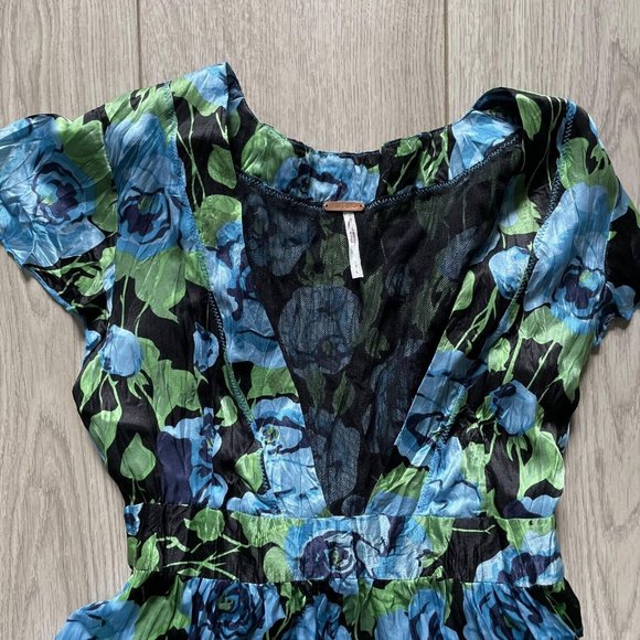 Free People Fit & Flare Dress Women Blue Size 0 Floral Cap Sleeves Silk - Picture 3 of 9